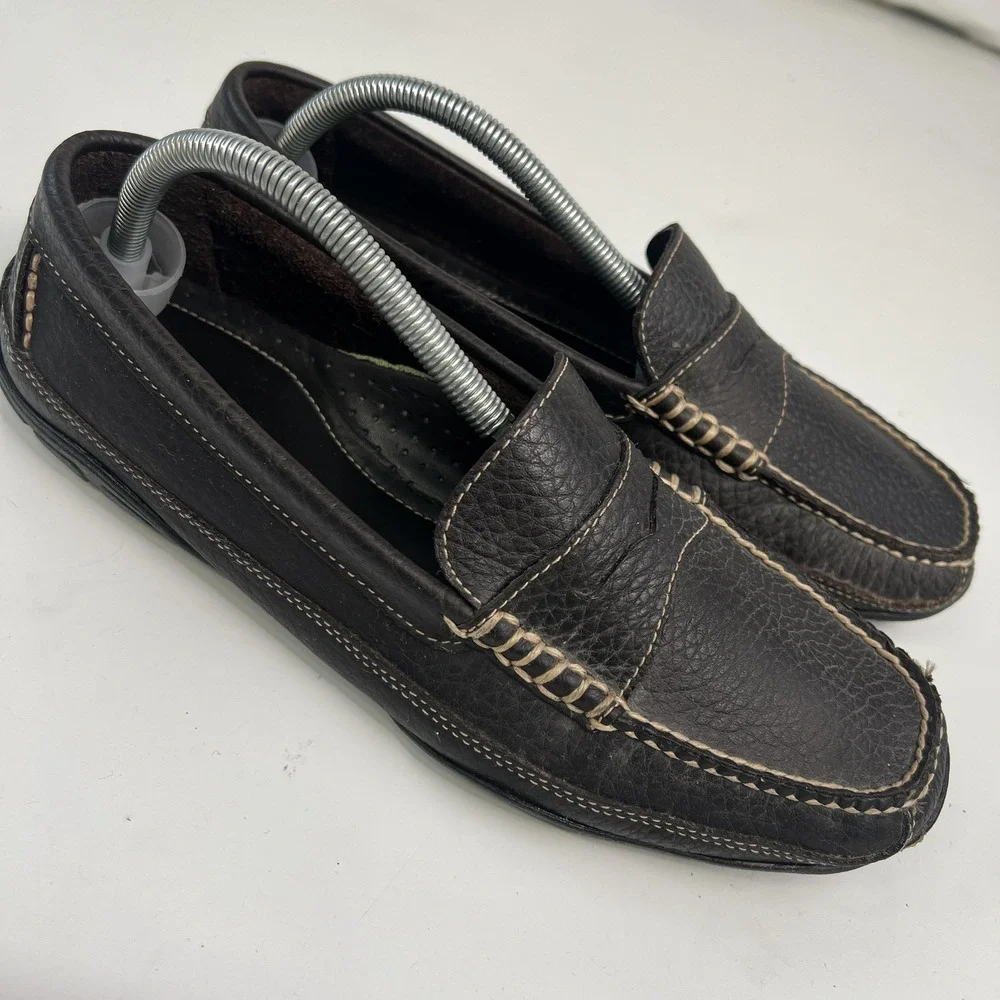 LL Beans Allagash Bison Leather Boat Moc Penny Loafers Mens Size 9.5 D Brown